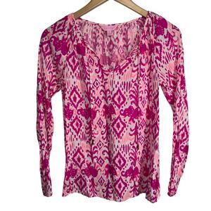 Lilly Pulitzer Top Women XS Pink White Ikat Elephant Print Tie Neck Spring Prep